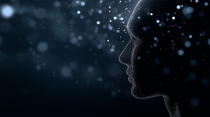 Abstract profile of a digital human face formed by glowing blue particles in a dark space.
