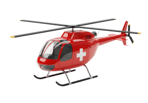 Isolated red medical helicopter with Swiss flag livery, ideal for rescue or first aid