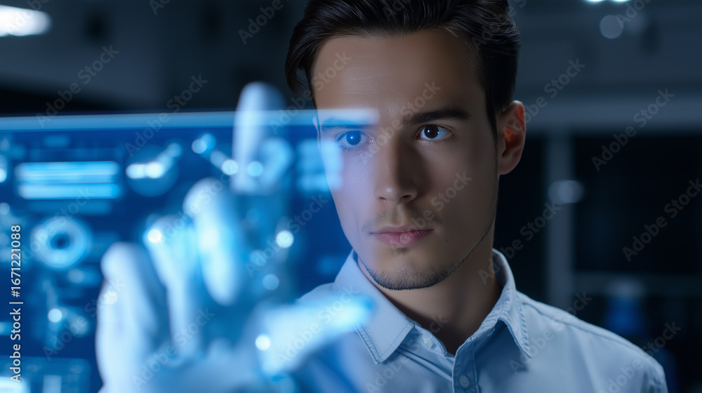 Poster young man interacting with a virtual holographic interface in high-tech environment.