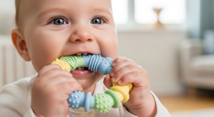 Adorable Baby Chewing on Colorful Teether Toy for Relief