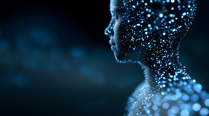 Abstract profile of a digital human face formed by glowing blue particles in a dark space.
