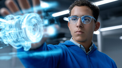 Young man interacting with a virtual holographic interface in high-tech environment.