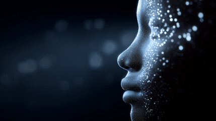 Abstract profile of a digital human face formed by glowing blue particles in a dark space.
