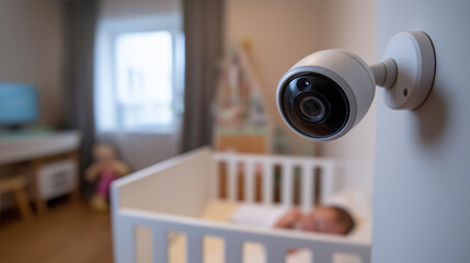 Surveillance baby monitor camera focused on a crib with a sleeping baby in cozy nursery.
