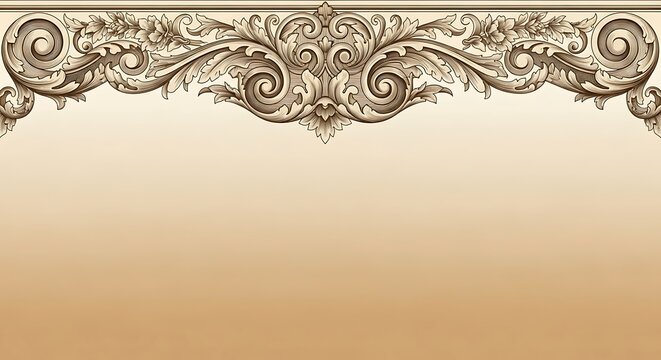 Ornate vintage decorative design with floral scrolls and flourishes on a beige background.