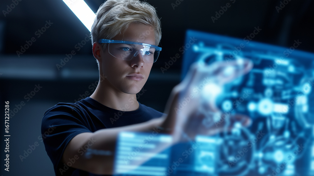 Poster young man interacting with a virtual holographic interface in high-tech environment.