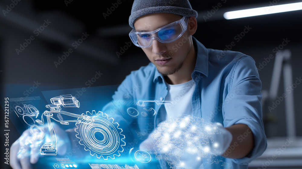 Poster engineer using augmented reality interface to interact with digital mechanical schematics.