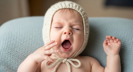 Sleepy Newborn Baby Yawning in Bonnet on Blue Knit Blanket