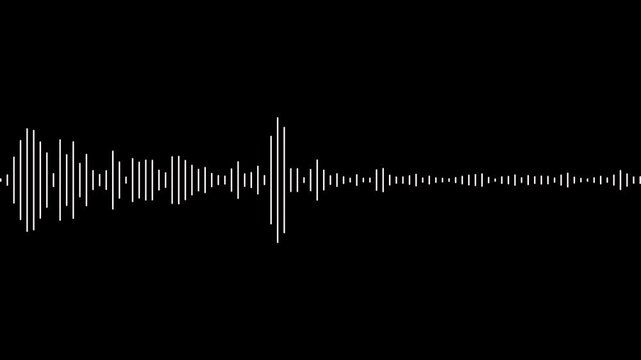 White audio waveform spectrum animation isolated on black background. Sound volume audio lines motion. Music equaliser- Sound wave digital frequency spectrum. Audio wave bar- Dynamic audio spectrum.