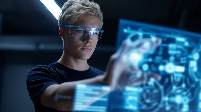 Young man interacting with a virtual holographic interface in high-tech environment. - Powered by Adobe