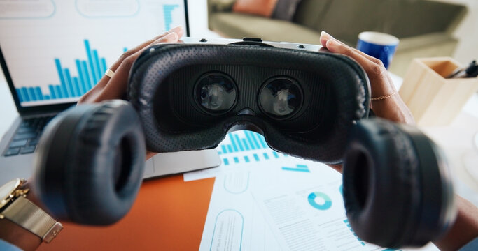 Hands, VR headset and finance at office, future or documents for charts, POV or trading in metaverse. Person, augmented reality and laptop with goggles, graphs or tech with investing stats at agency