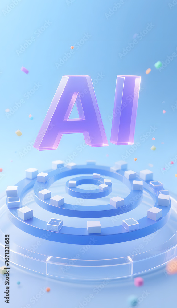 Poster AI text in vibrant colors with concentric circles on a light blue background