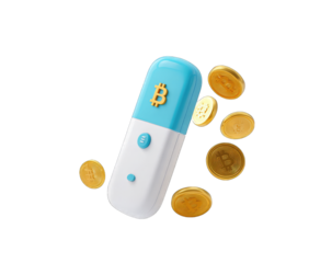A light-blue and white pill-shaped object, representing cryptocurrency, with gold coins flying around it
