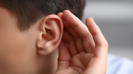 Close-up of man cupping his hand to his ear in a listening gesture.

