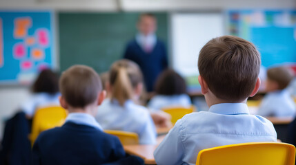 Group of young students attentively listening to a teacher in a bright classroom.

