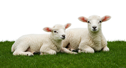 Fototapeta premium A Group White Fluffy Sheep Grazing On Green Grass Field