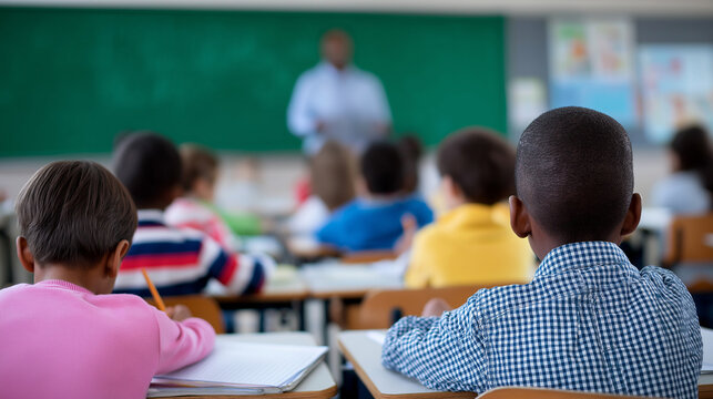 Group of young students attentively listening to a teacher in a bright classroom.