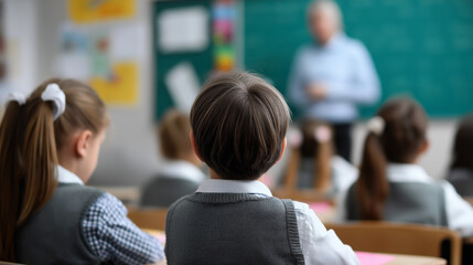 Fototapeta premium Group of young schoolchildren in uniforms listening to teacher in classroom. 