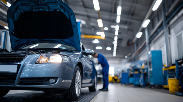 Modern blue car with open hood in auto repair shop with mechanic in background.