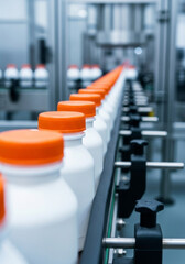 Bottles with orange caps moving on a conveyor belt in a pharmaceutical factory