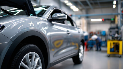 Close-up of silver car being serviced inside a clean, modern auto repair workshop.
