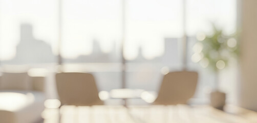 Blurred office interior with chairs table plant and city view outside window, illustrating modern professional workspace with natural light and dynamic urban backdrop.