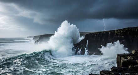 Fototapeta premium Dramatic ocean waves crashing against cliffs during a storm with lightning in the sky.