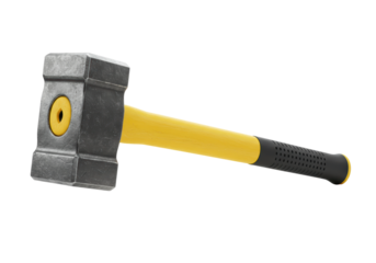 Isolated sledgehammer with yellow handle, heavy manual industrial tool for striking objects