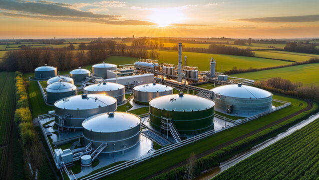 Industrial biogas plant with green storage tanks producing renewable biomass energy for sustainability