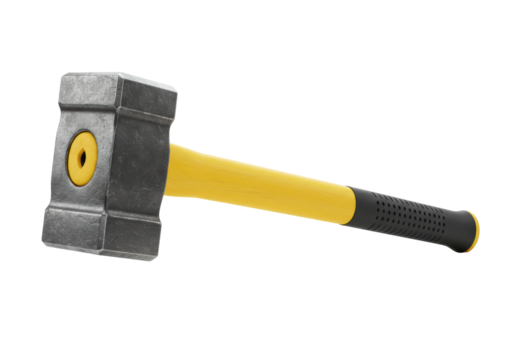 Isolated sledgehammer with yellow handle, heavy manual industrial tool for striking objects