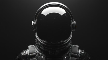 Close-up of a dark astronaut helmet and suit against a dark background.  The reflective visor shows a glimpse of the cosmos