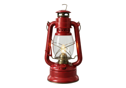 Isolated antique kerosene lantern is lit with fuel and clear glass on display for use