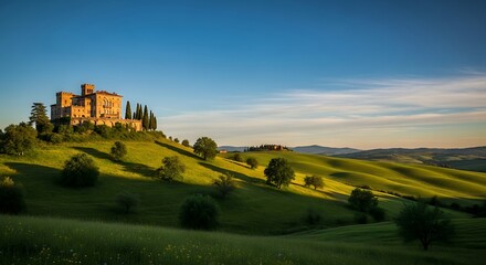 Tuscan Castle on Rolling Hills at Sunset.