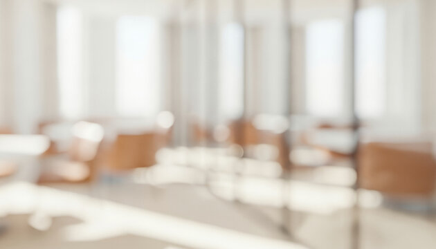 Blurred office interior with chairs and tables in a bright airy space, emphasizing minimal modern atmosphere with open clean layout and professional design.