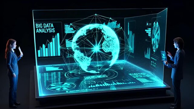 Futuristic big data analysis with holographic display and business professionals interacting - Powered by Adobe