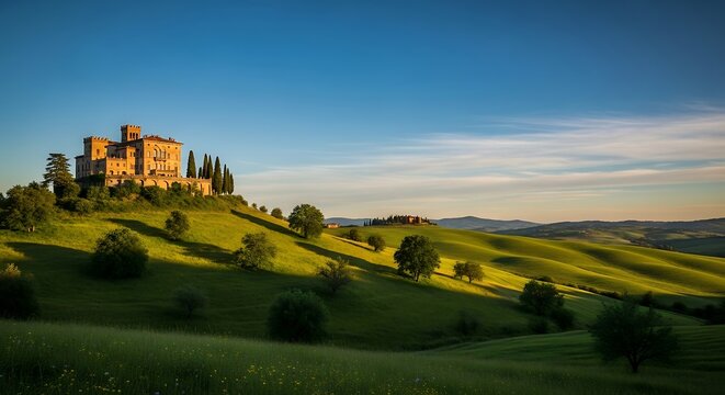 Tuscan Castle on Rolling Hills at Sunset. - Powered by Adobe