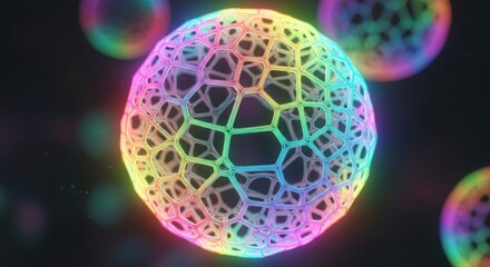 A luminous spherical structure with a geometric cellular pattern, glowing with rainbow colors
