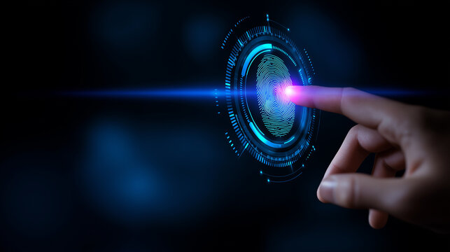 Finger touching glowing digital interface with futuristic blue elements.
