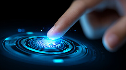 Finger touching glowing digital interface with futuristic blue elements.
