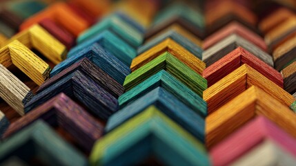 Colorful wooden 3D arrows arranged in intricate pattern on table, depth of field effect with bokeh background, macro photography close-up shot.