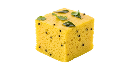 A single piece of khaman dhokla, a popular gujarati snack made from fermented batter, garnished with cilantro and curry leaves isolated on transparent background