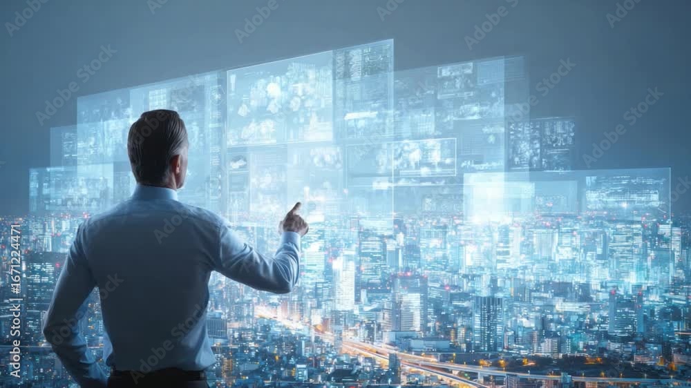 Poster visionary's vantage point: a forward-thinking individual engages with a sophisticated digital interf