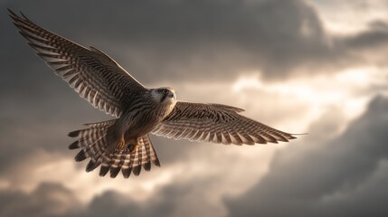 Obraz premium Falcon soaring through sky with wings spread wide, focused eyes on prey, cloudy background with sun breaking through clouds.