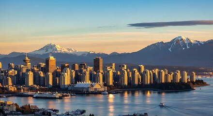 Naklejka premium Vancouver Skyline with Snow-Capped Mountains at Sunset.