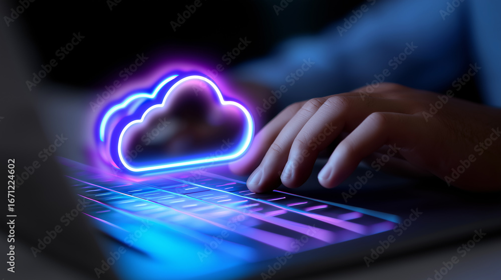 Aufkleber hands typing on keyboard with glowing neon cloud computing icon hovering above.