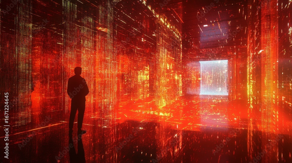 Poster navigating a futuristic cyberspace environment virtual realm digital art glowing data stream immersi