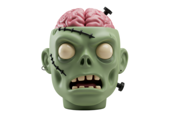 Isolated Green Animated Monster Head With Brains, a Scary Halloween Display Decoration Prop