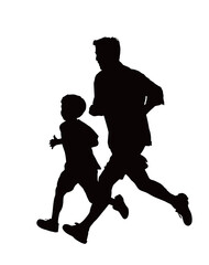 Naklejka premium A father and his young son run side by side, silhouetted against a bright background. Their activity fosters connection and demonstrates the joy of outdoor exercise.