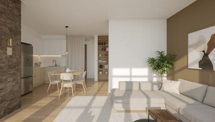 Fototapeta premium Photo of a minimalist apartment interior featuring kitchen and dining area, with sofa and white neutral tone.