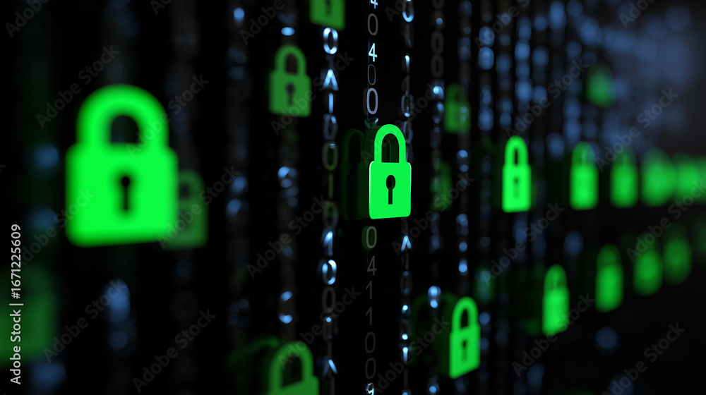 Poster green padlock icons over binary code background symbolizing digital security.